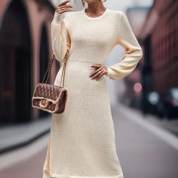 Apricot Casual Womens Fringe Hem Lantern Sleeve Sweater Dress - Picture 5 of 5